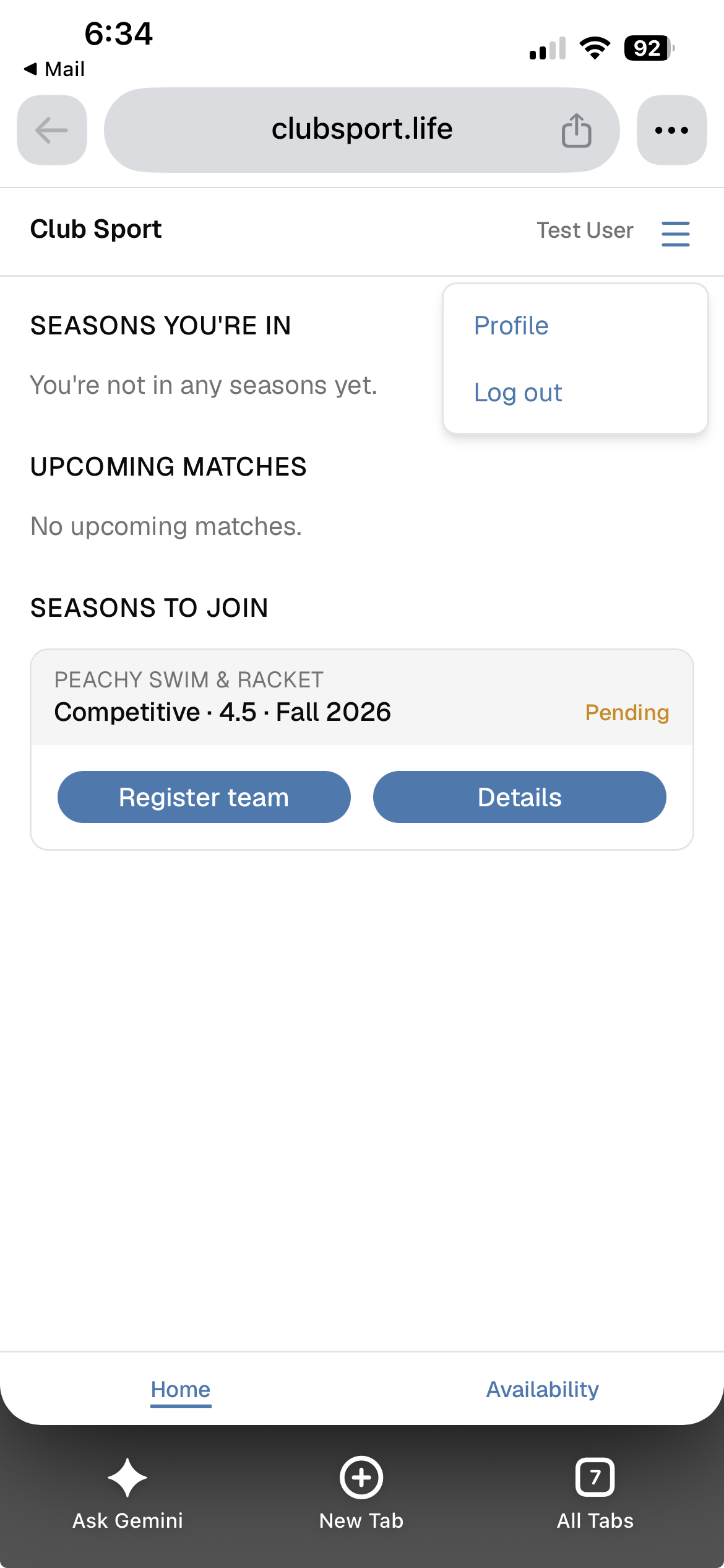 The Club Sport home screen with the header menu open, showing Profile and Log out.