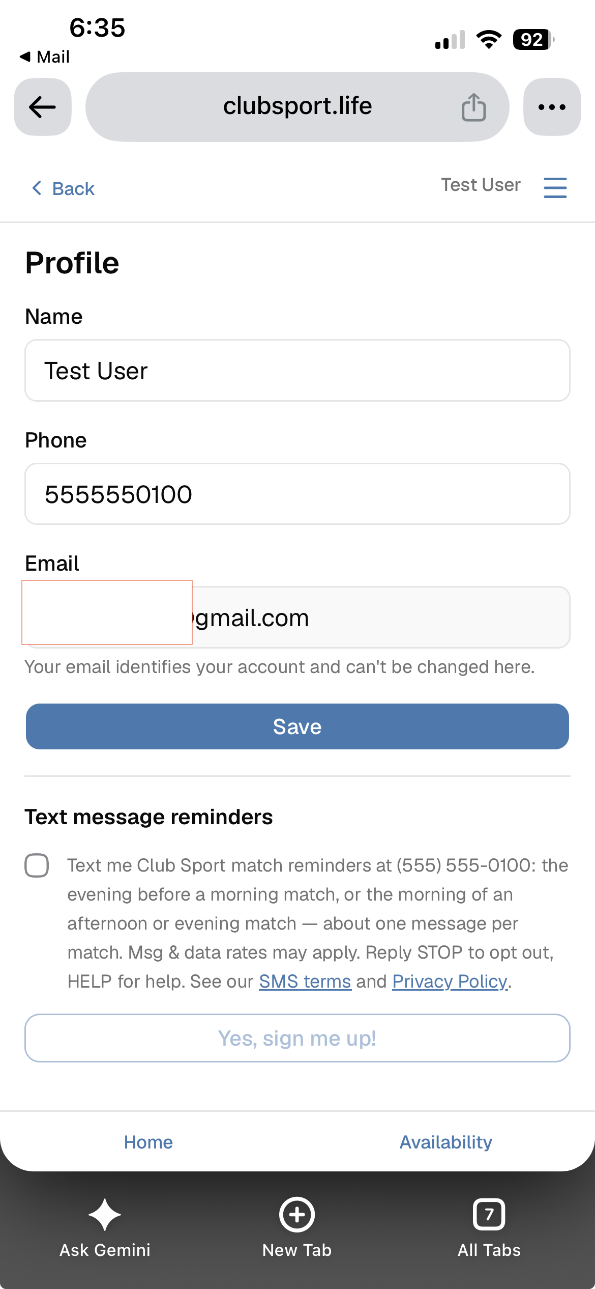 The Profile page. Under "Text message reminders", an unchecked box beside the consent wording, with links to the SMS terms and Privacy Policy, and a disabled "Yes, sign me up!" button.