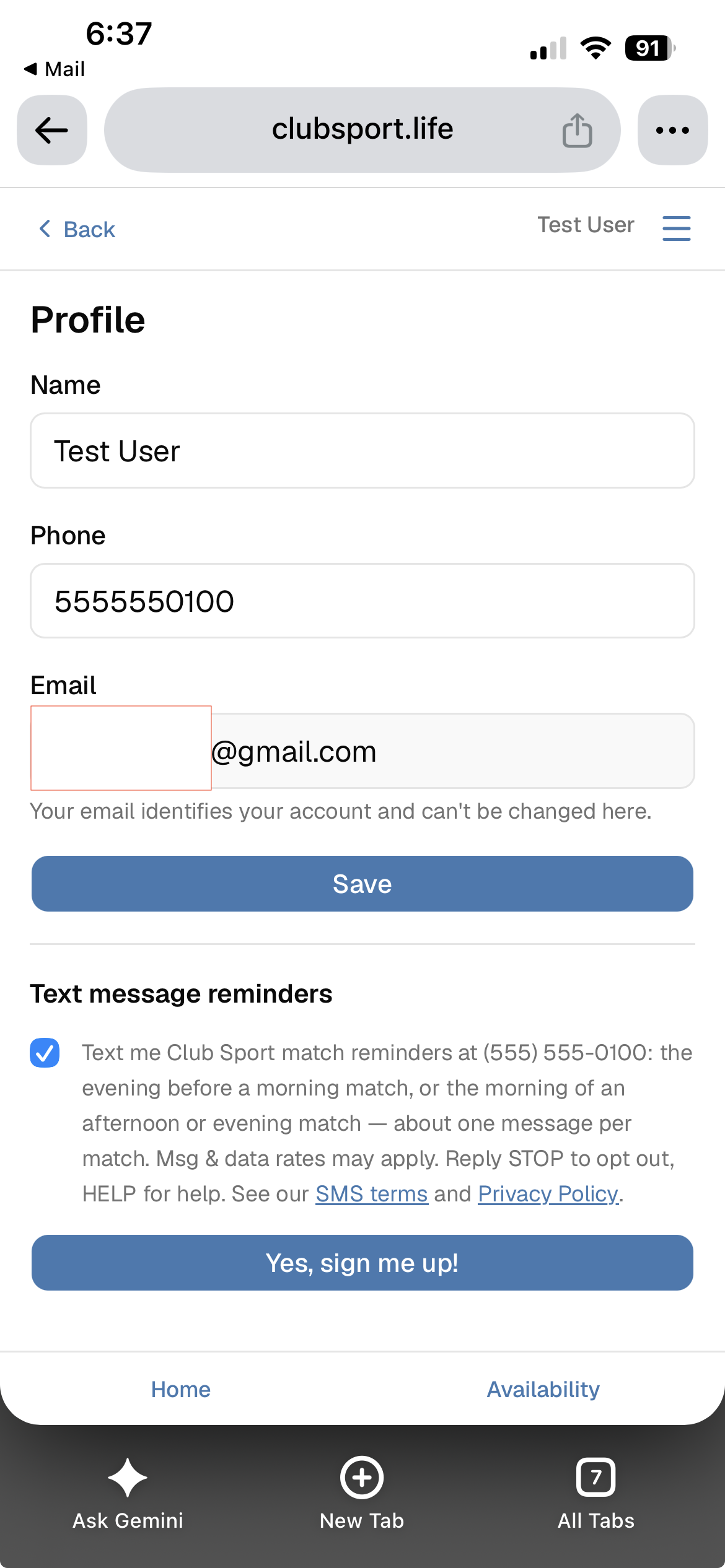 The same section with the box checked and "Yes, sign me up!" enabled.