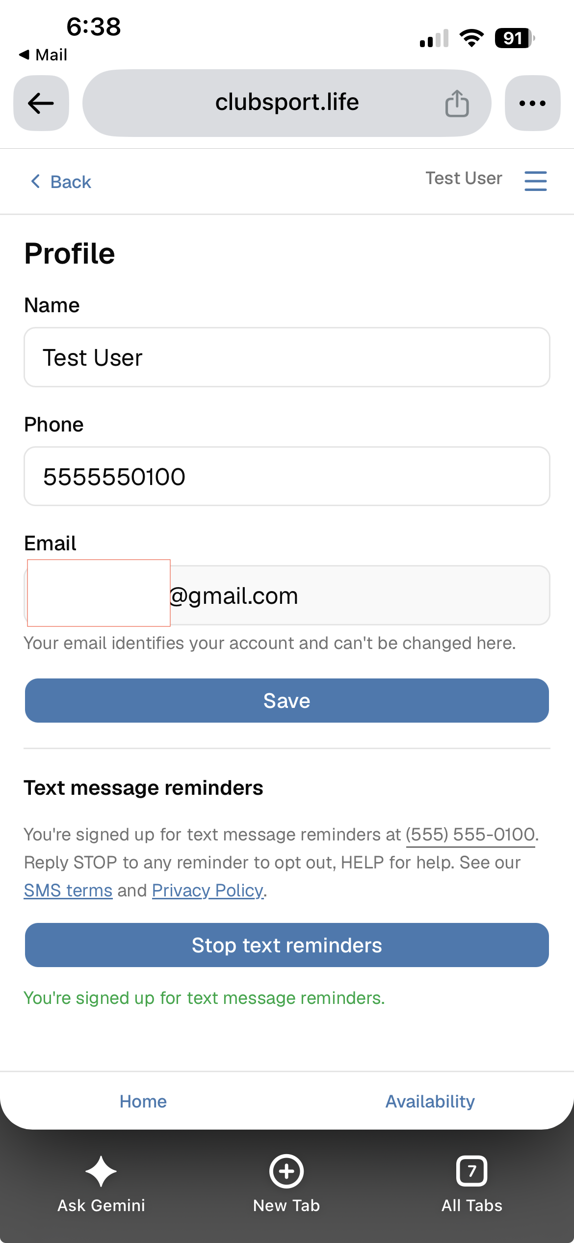 The section after signing up: the number reminders go to, how to opt out, and a "Stop text reminders" button.
